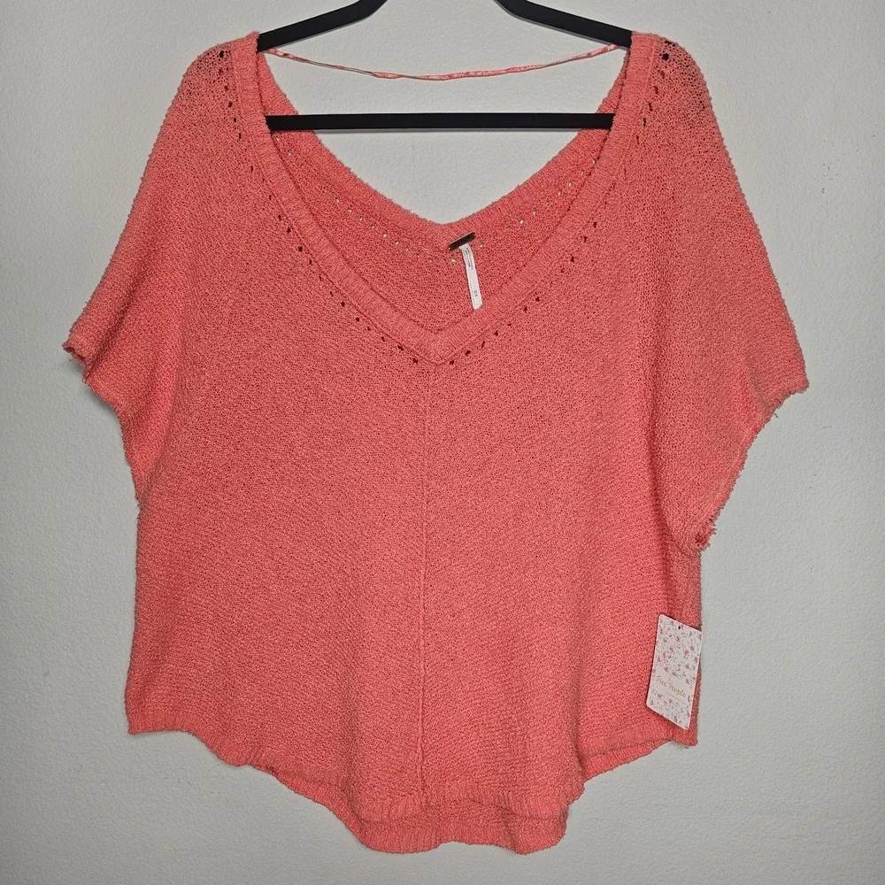Free People Medium Oversized Cropped Coral‎ Open Knit Sweater Top Frayed Sleeves